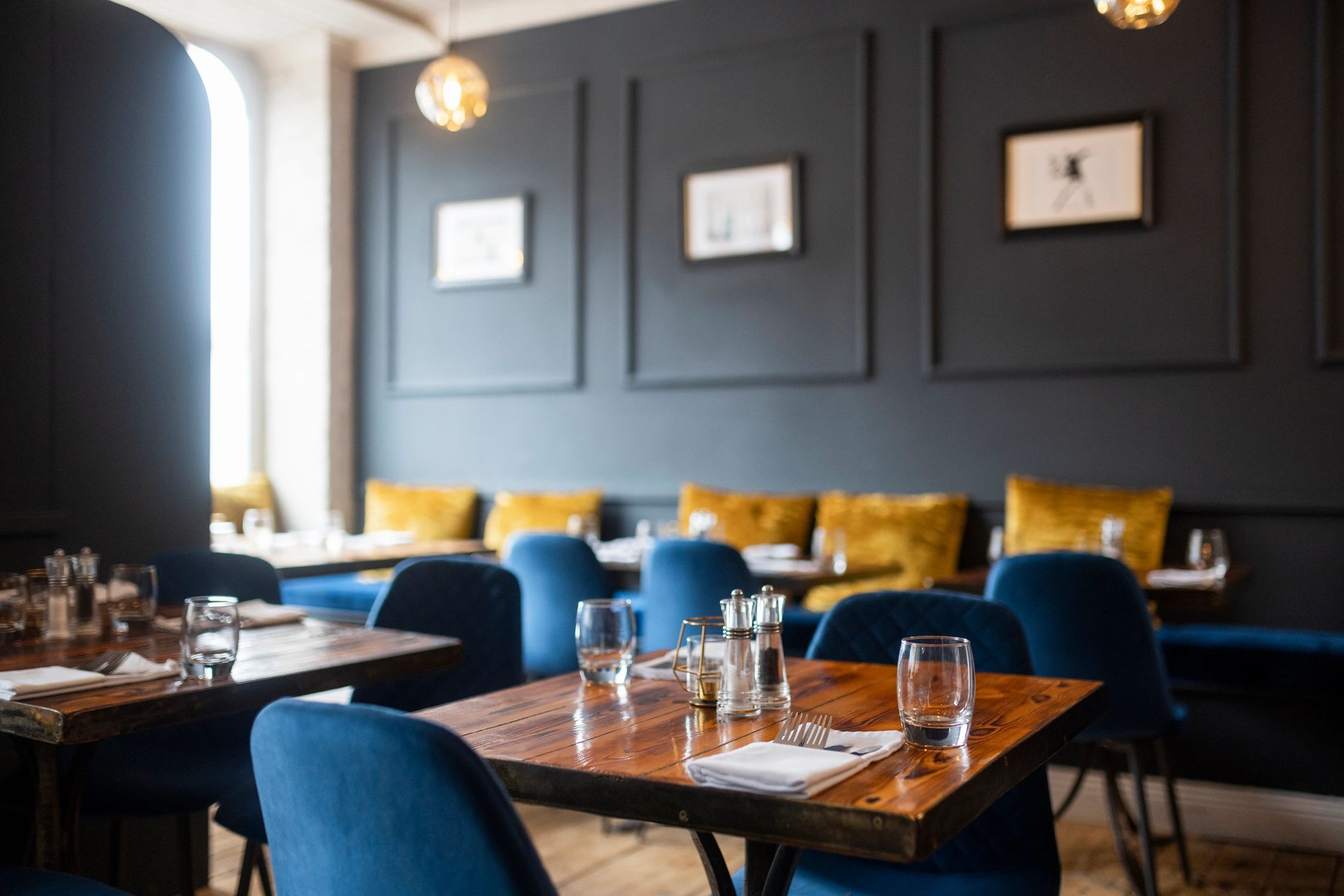 Restaurant dining room with tables set