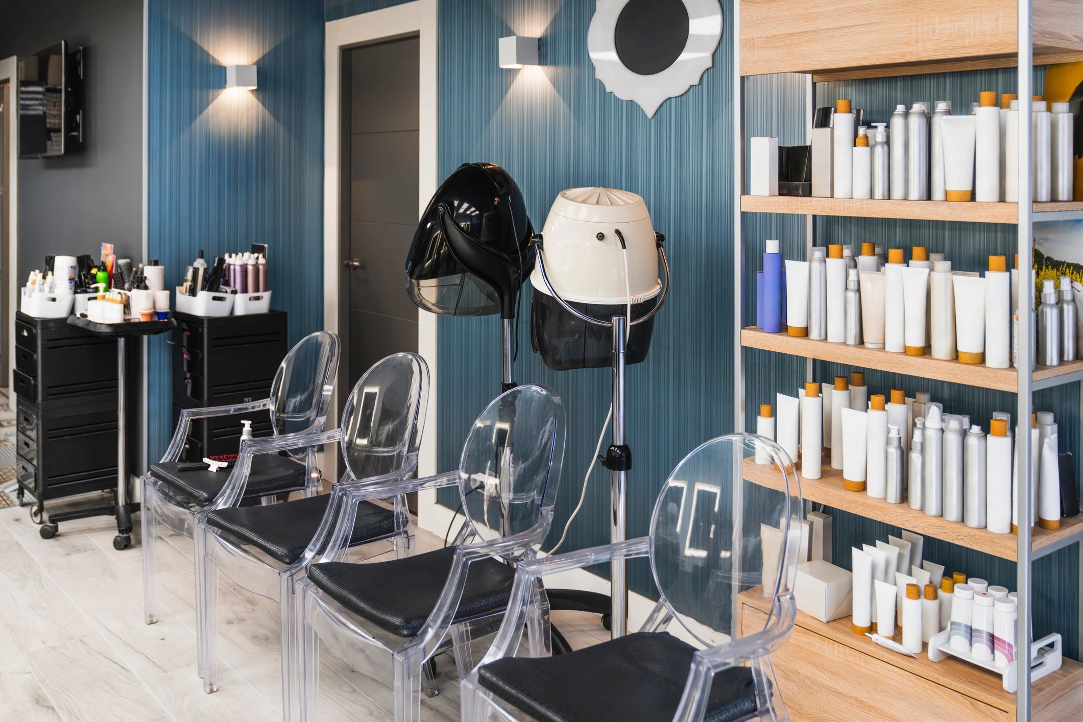 Modern hair salon interior with styling chairs and product displays